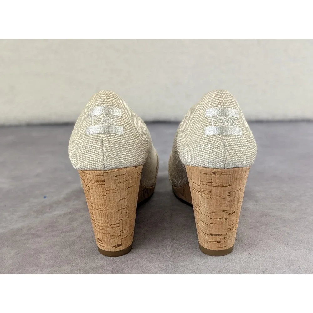 TOMS Desert Wedge Oatmeal Canvas Peep Toe Cork Heels 10009767 Womens 5
